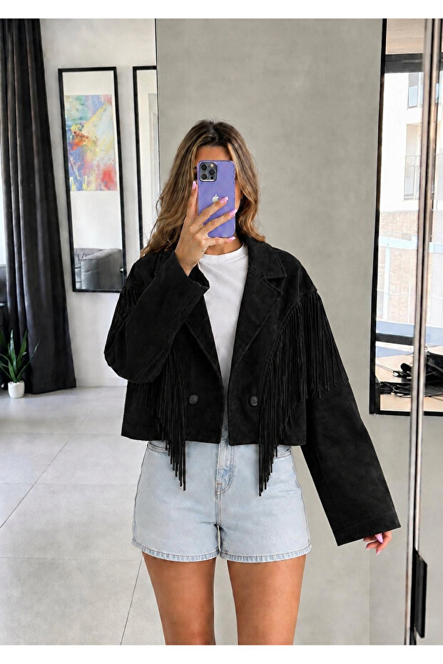 Tasseled Buttoned Crop Suede Jacket