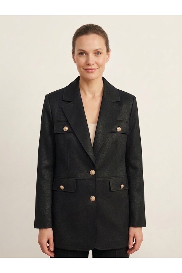 Gold Button Detailed Pocketed Blazer Jacket 4149