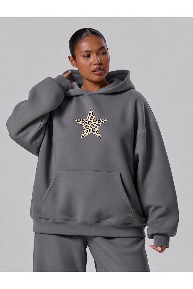 3 Yarn Combed Cotton Plus Size Leopard Star Printed Unisex Sweatshirt Df4