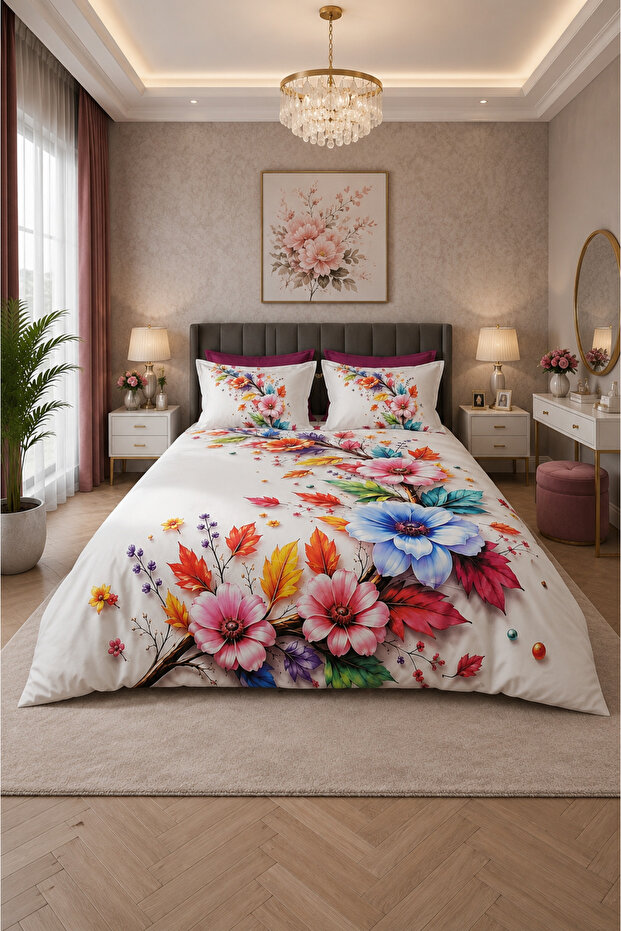 Summer Garden 5D Digital Printed Cotton Double Duvet Cover Set Is 6 Pieces