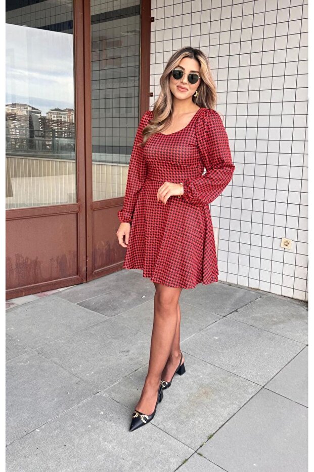 Women's Red Plaid Patterned Balloon Sleeve Modal Fabric Square Neck Mini Flared Bell Model Dress
