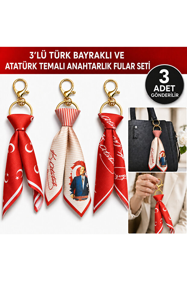 Choose Your Style: 3-Piece Turkish Flag Ataturk Themed Scarf Gold Keychain Set Bag Accessory