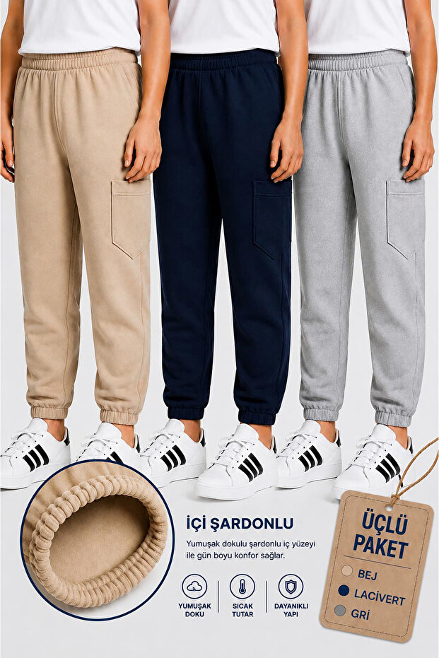 3-Pack Gray-Beige-Navy Blue Children's Sweatpants with Inner Ribbon, Elastic Waist and Cuffs