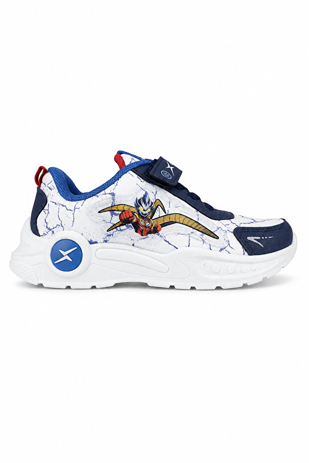 Boy's White Navy Blue Velcro Thick Sole Casual Sneaker with Superhero Figure