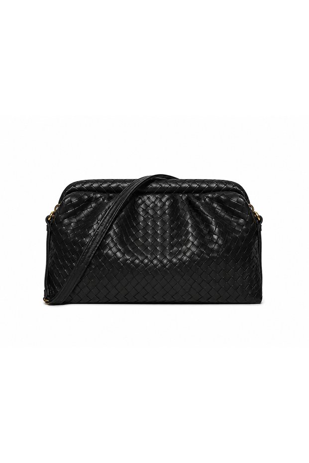 Women's Black Knitted Leather Look Oversized Shoulder and Hand Bag – Soft Formed Strap Daily Bag