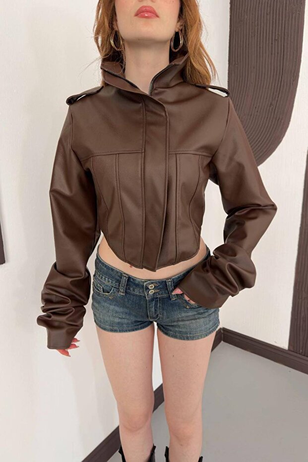 Women's Corset Detailed Biker Crop Leather Jacket