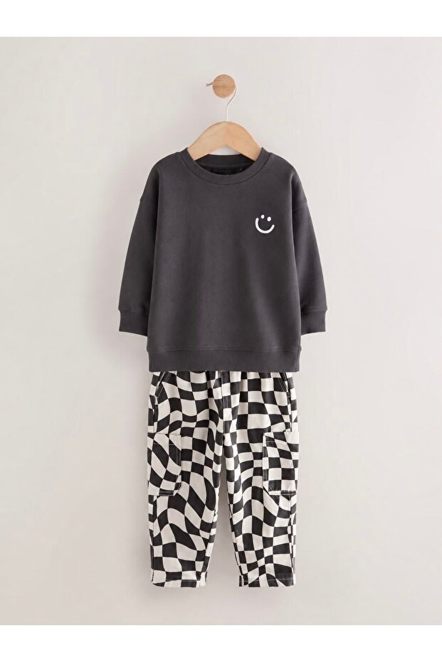Children's Smiley Printed Anthracite Sweatshirt and Checkerboard Patterned Sweatpants Set