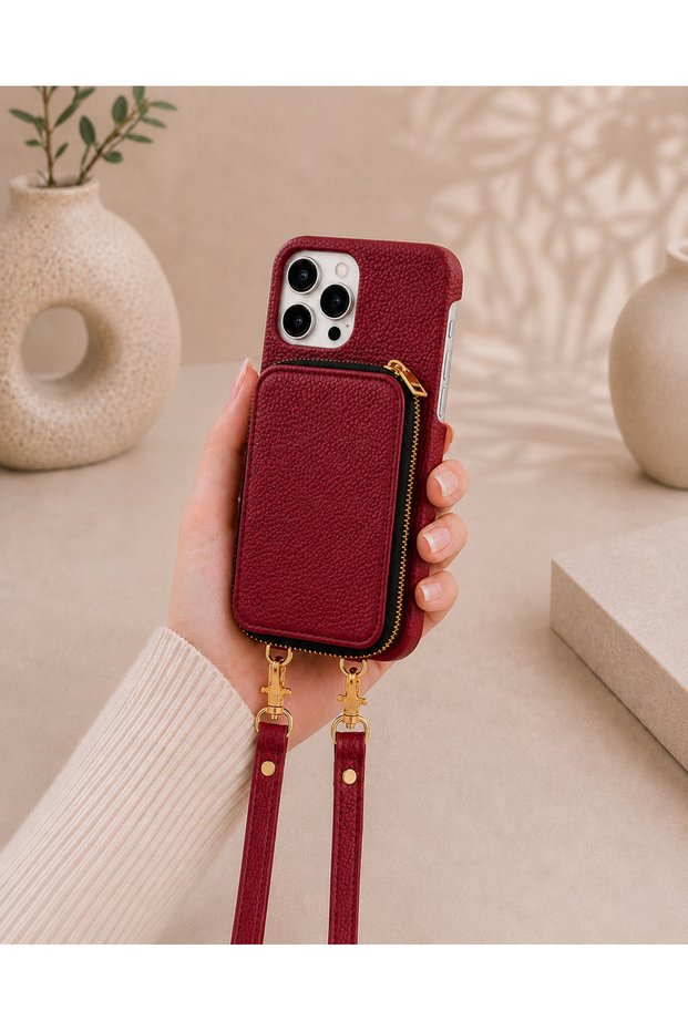 iPhone 15 Pro Max (6.7 Inch) Compatible Premium Lux Leather Case with Open Sides, Slim Design, Wallet, Zipper, Card Holder, Crossbody Neck Strap, and Drawstring Strap