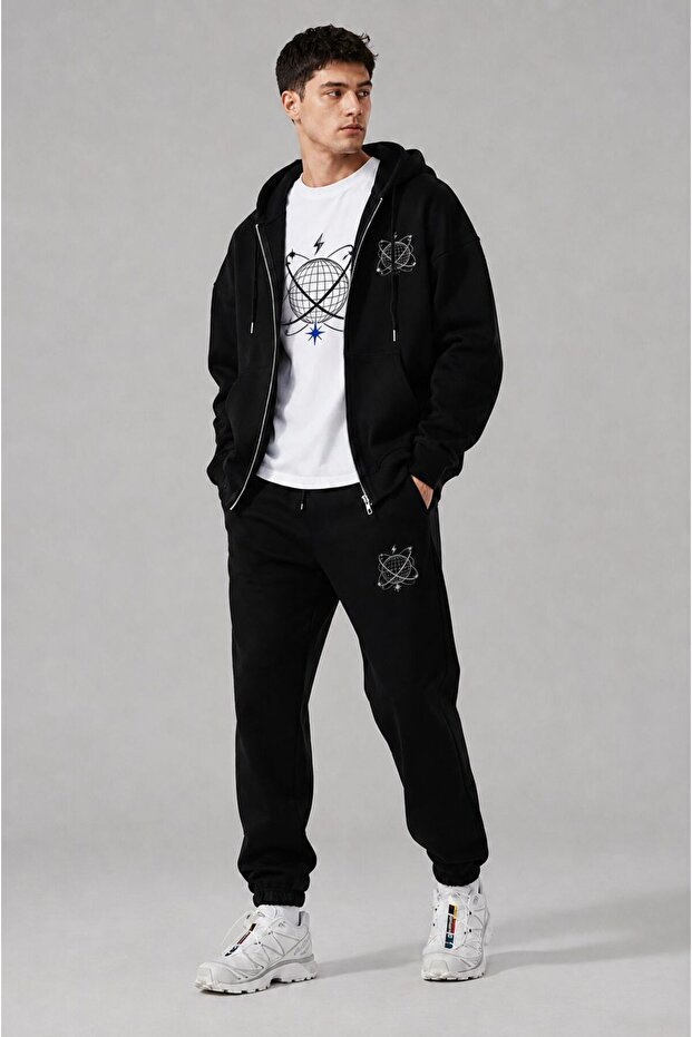 Men's Printed Oversize Zipper Hooded Sweatshirt, Crew Neck T-Shirt and Rubber Cuff Sweatpants Three-Piece Set