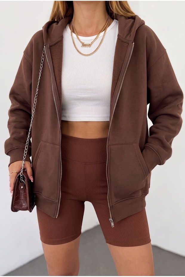 Unisex Soft Textured Oversize 3 Thread Zipper Sweatshirt