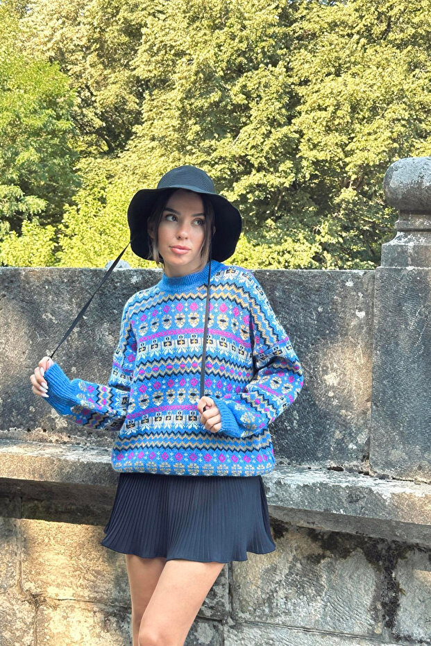Women's Blue Patterned Knitwear Sweater