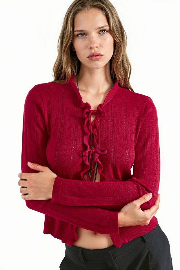 Special Yarn Perforated Knitwear Cardigan with Flounces