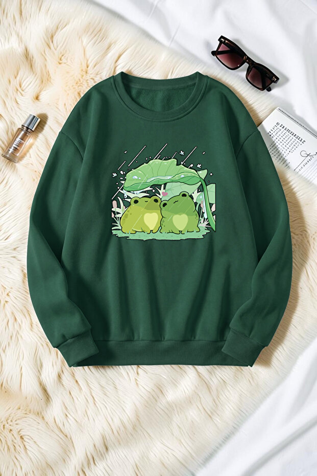 Unisex Cute Frogs Printed Crew Neck Sweatshirt
