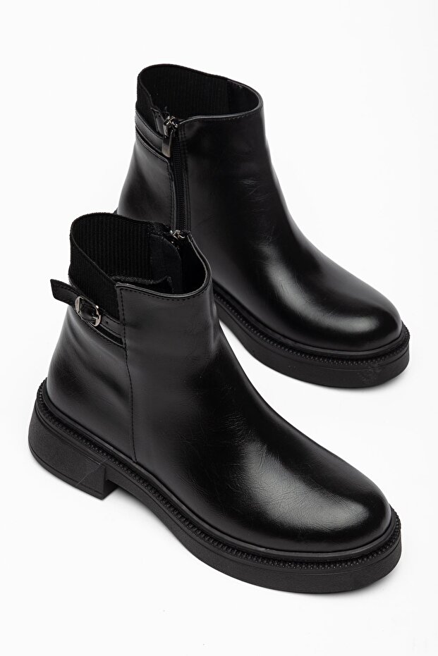 Asena Women's Black Shiny Leather Rubber Detailed Zippered Boots