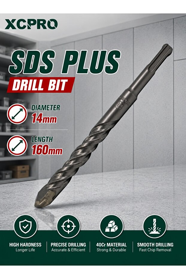 لقمة حفر SDS Plus، لقمة حفر للخرسانة - 14×160 مم برأس كربيد، ساق SDS Plus، لحفر البناء، ملحق للمطرقة الدوارة