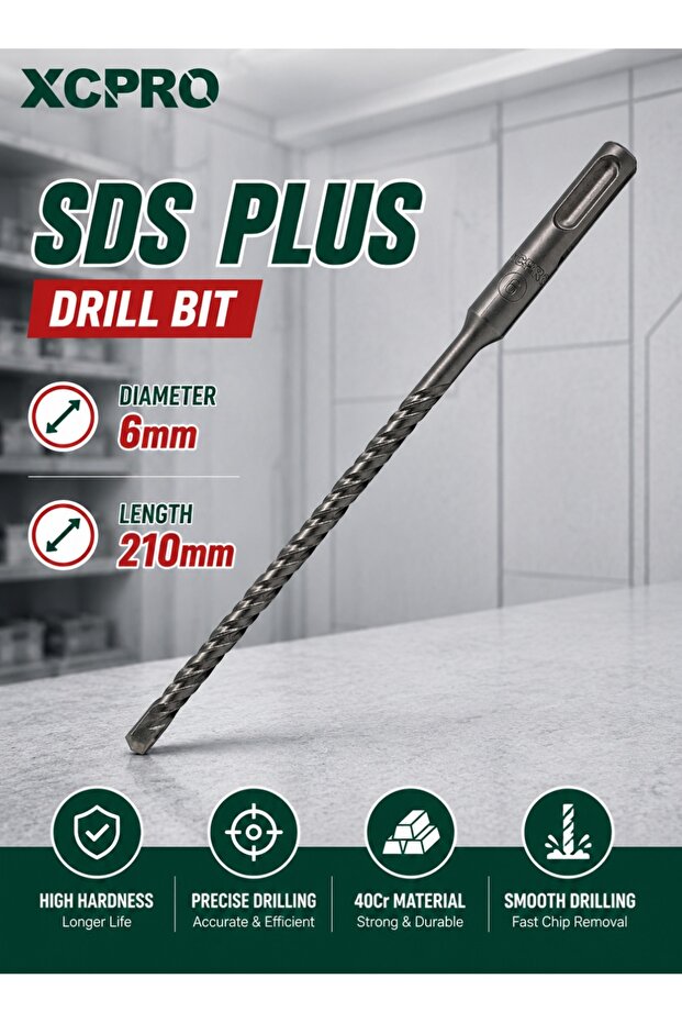 لقمة حفر SDS Plus، لقمة حفر للخرسانة - 6×210 مم بطرف كربيد، ساق SDS Plus، لحفر البناء، ملحق للمطرقة الدوارة
