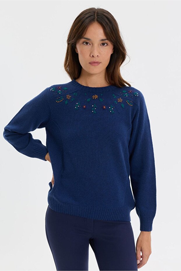 Women's Crew Neck Side Ribbed Knit Wool Sweater Indigo