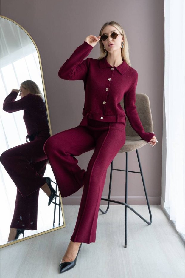 Polo Collar Gold Button Detailed Belted High Waist Spanish Leggings Knitwear Top and Bottom Set Aw26Au0002
