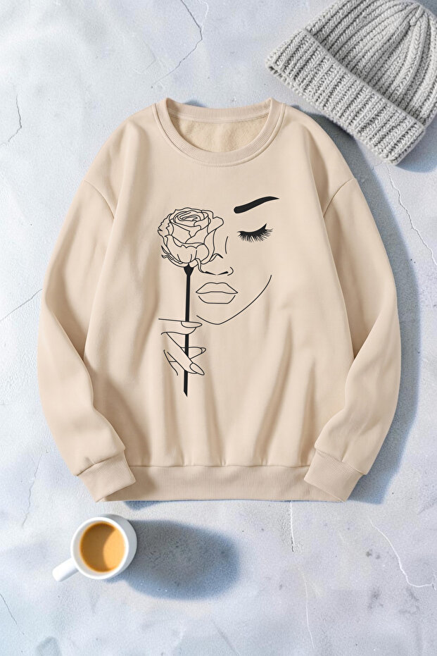 Unisex Rose & Silhouette Printed Crew Neck Sweatshirt