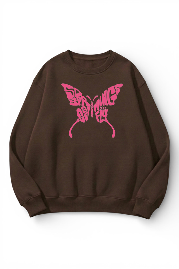 Unisex Soft Textured Butterfly Printed Design Oversize 3 Thread Crew Neck Sweatshirt