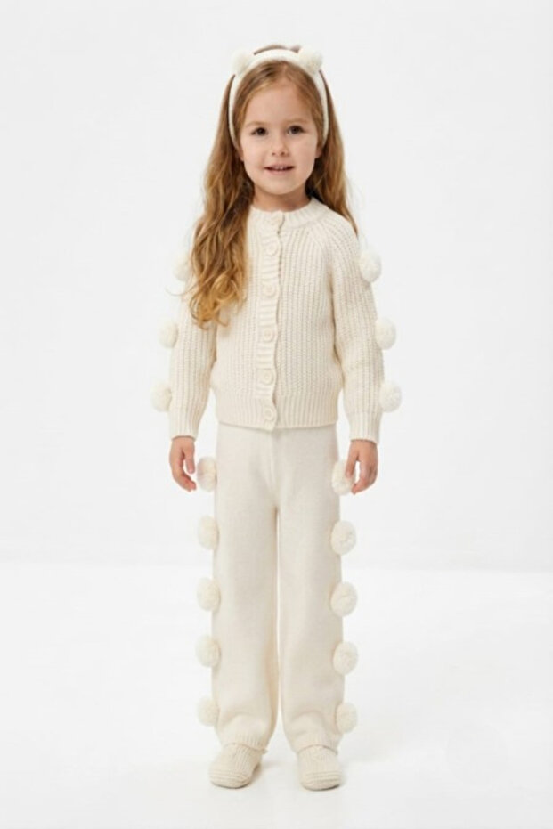 Pompom Detailed Cardigan, Trousers and Headband Knitwear 3-Piece Set