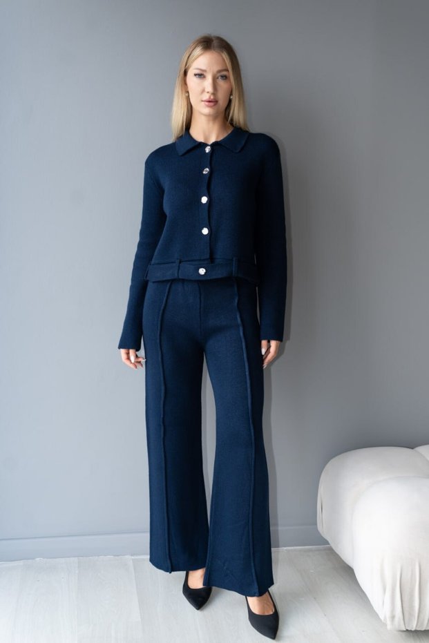 Polo Collar Gold Button Detailed Belted High Waist Spanish Leggings Knitwear Top and Bottom Set Aw26Au0002