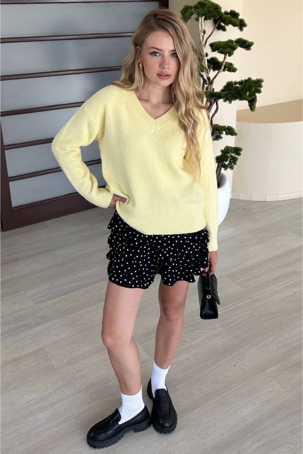 V-Neck Soft Textured Loose Fit Long Sleeve Basic Knitwear Sweater Aw26Kz00028
