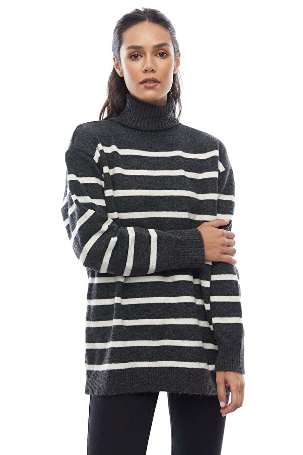Women's Striped Full Turtleneck Knit Sweater