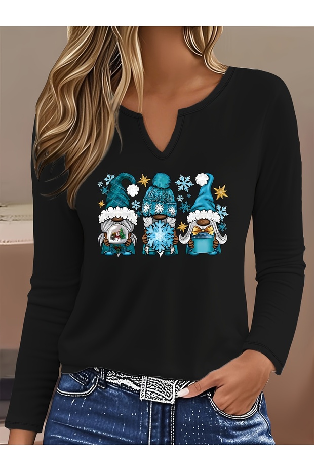 New Year Printed Cotton Half V-Neck Long Sleeve Blouse T-Shirt