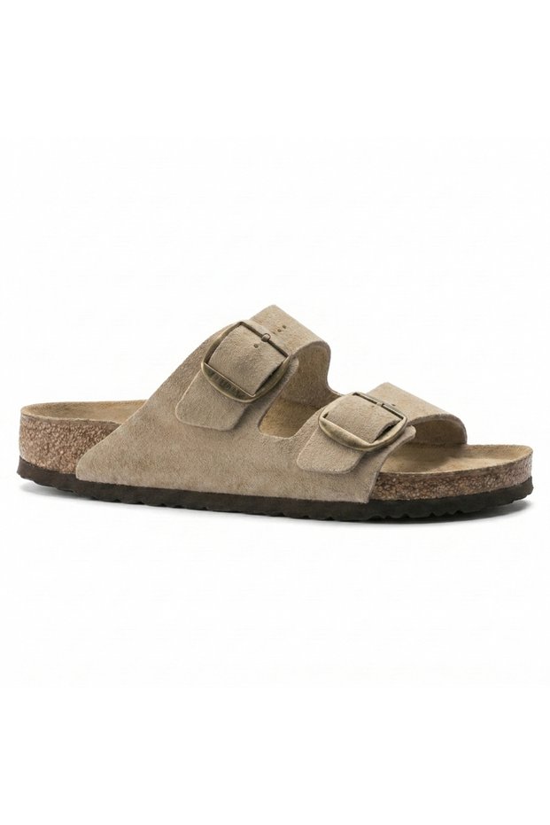Mc205 Beige Genuine Suede Leather Double Buckle Unisex Orthopedic Cork Sole Slippers