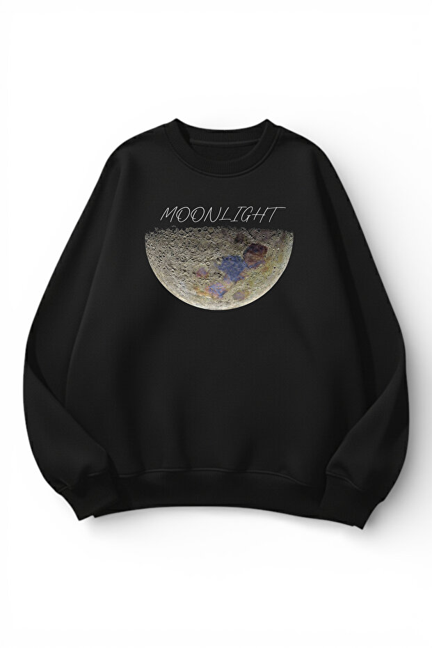 Unisex Soft Textured Real Moon Printed Design Oversize 3 Thread Crew Neck Sweatshirt