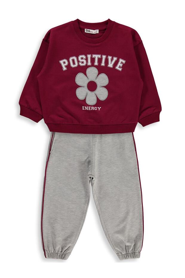 Floral Appliqued Tracksuit Set for 2-5 Years Old - Burgundy