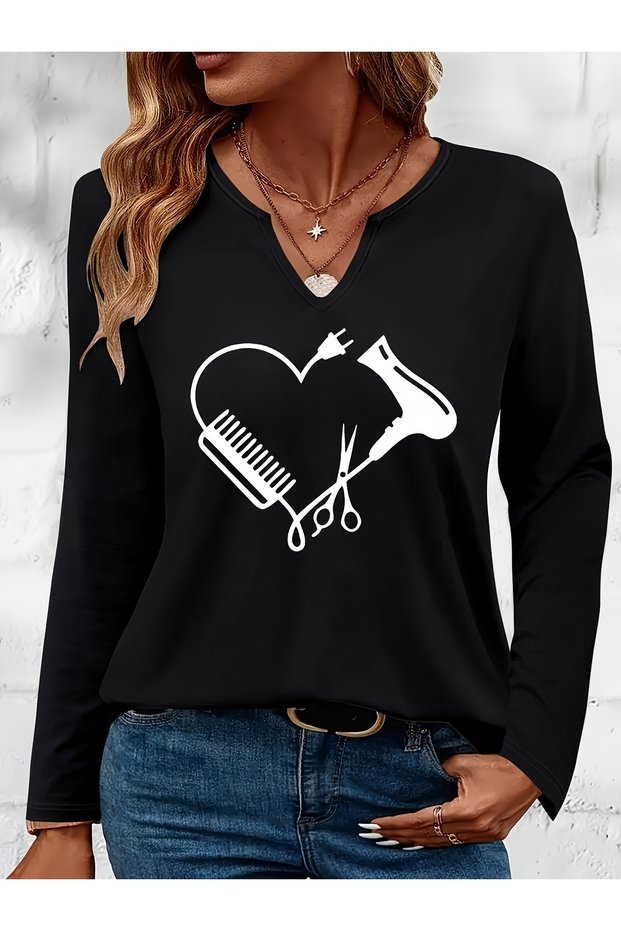 Hairdresser Printed Cotton Half V-Neck Long Sleeve Blouse T-Shirt