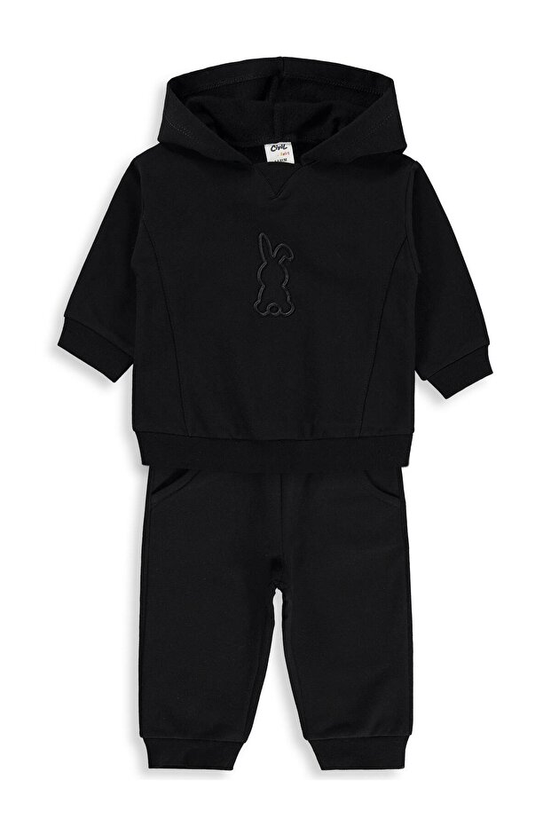 Rabbit Printed Hooded Basic Set for 6-18 Months - Black