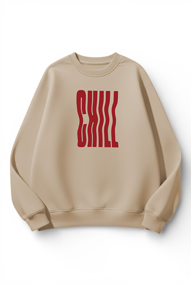 Unisex Soft Textured Chill Printed Design Oversize 3 Thread Crew Neck Sweatshirt