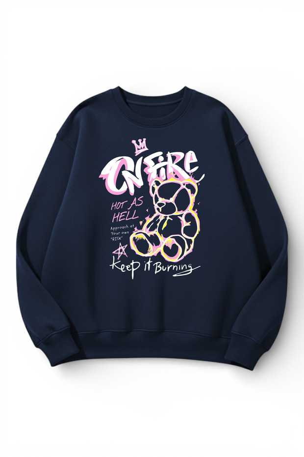 Unisex Soft Textured on Fire Risk Printed Design Oversize 3 Thread Crew Neck Sweatshirt