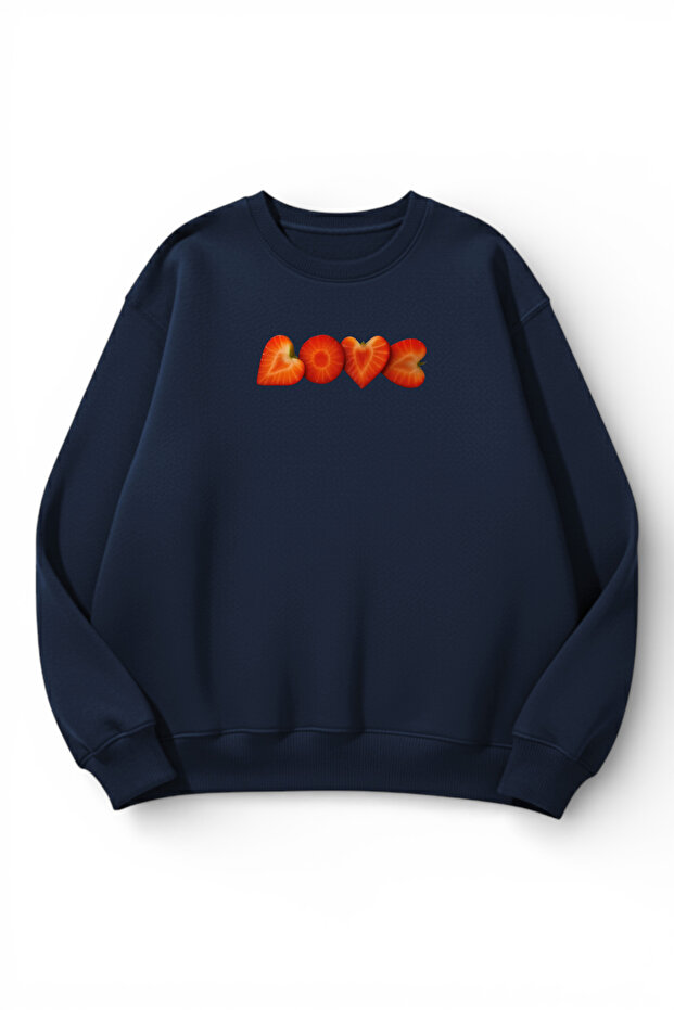 Unisex Soft Textured Strawberry Love Printed Design Oversize 3 Thread Crew Neck Sweatshirt
