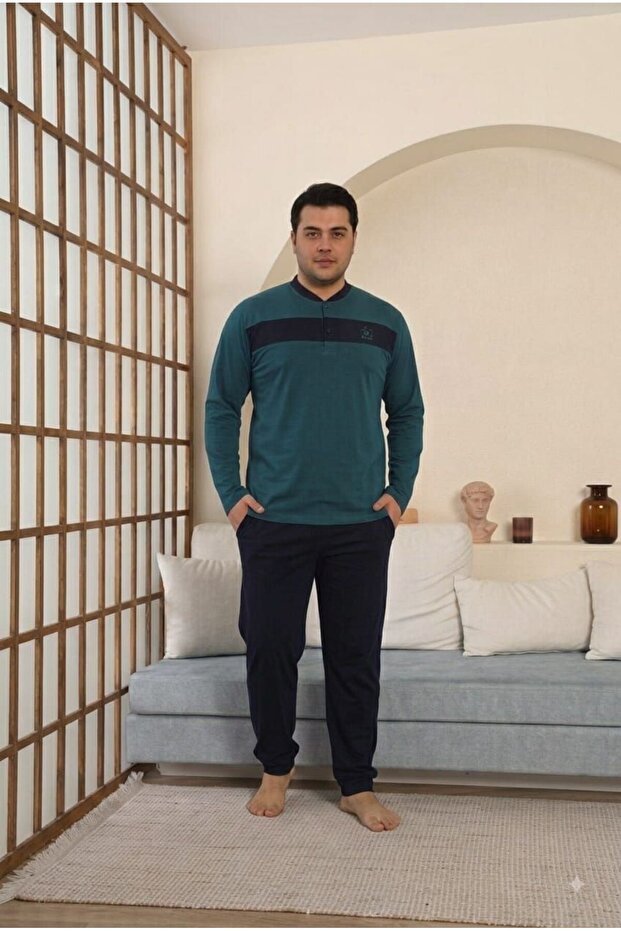 Mooda Men's Buttoned Judge Collar Large Size Cotton Pajama Set