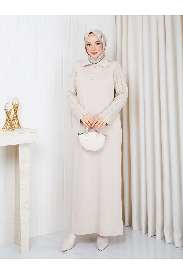 Heart Buttoned Beautiful Sleeved Knitwear Dress Cream