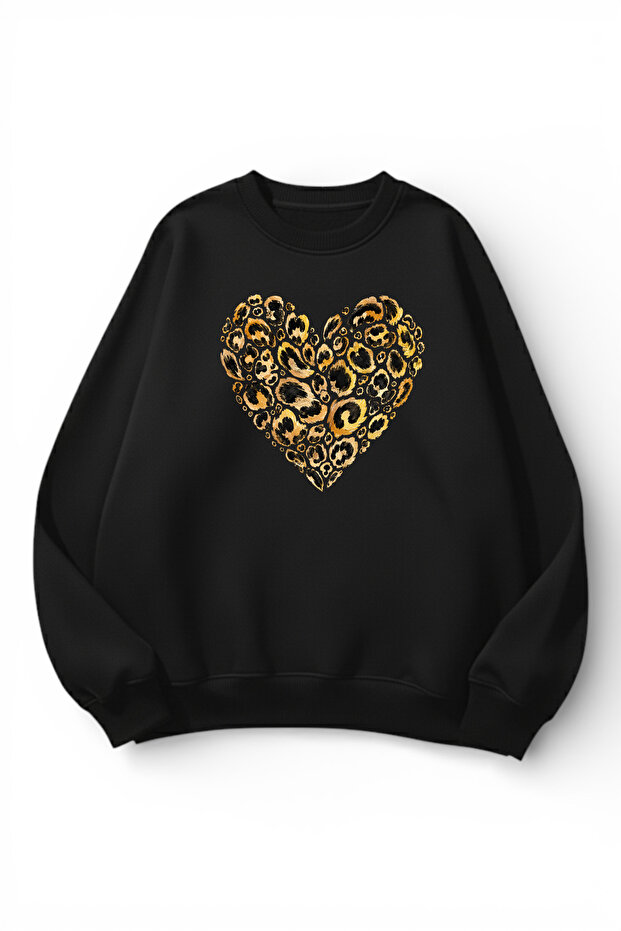 Unisex Soft Textured Leopard Heart Printed Design Oversize 3 Thread Crew Neck Sweatshirt