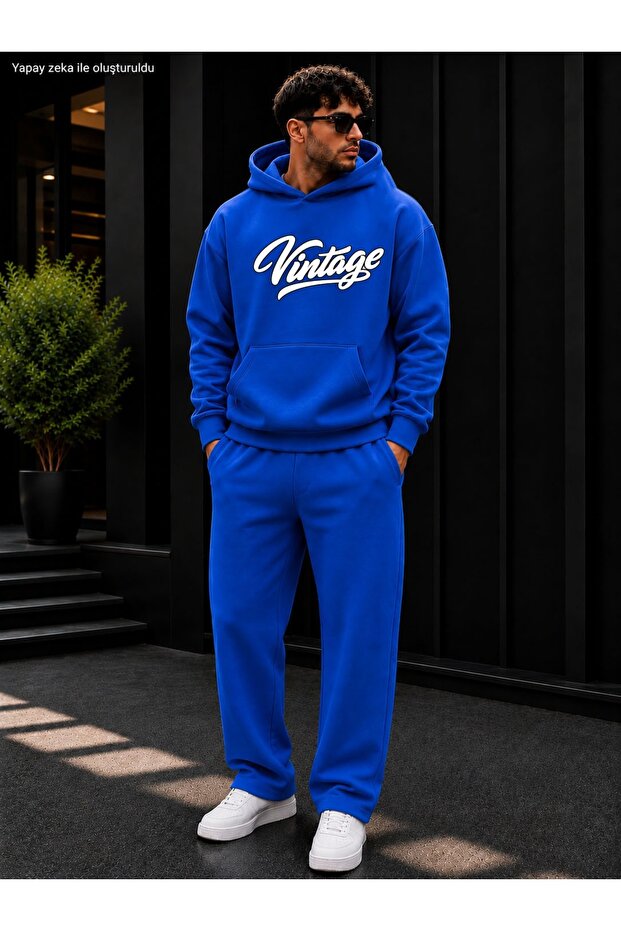 Men's Vintage Script Printed Tracksuit Set / Hooded Sweatshirt and Straight-Leg Bottoms