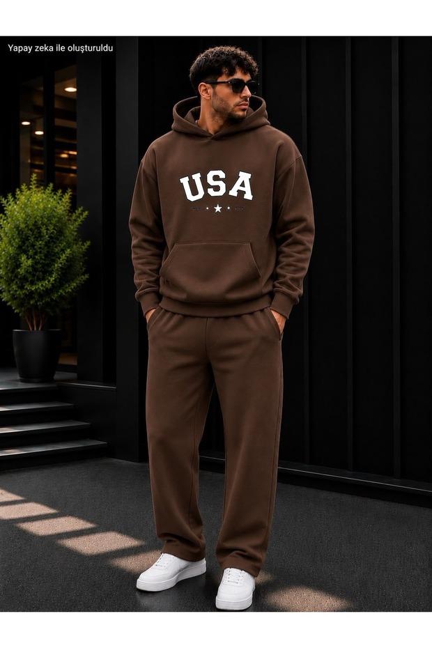 Men's Usa Star Printed Tracksuit Set / Hooded Sweatshirt and Straight-Leg Bottoms