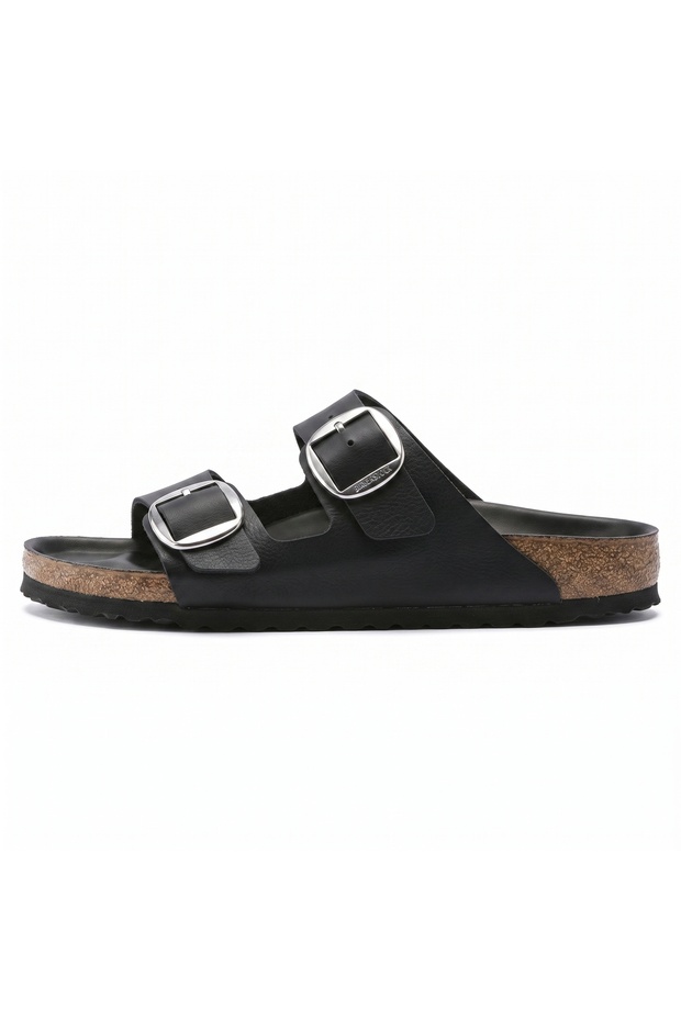 Mr205 Black Genuine Leather Mostra Covered Double Buckle Unisex Orthopedic Cork Sole Slippers
