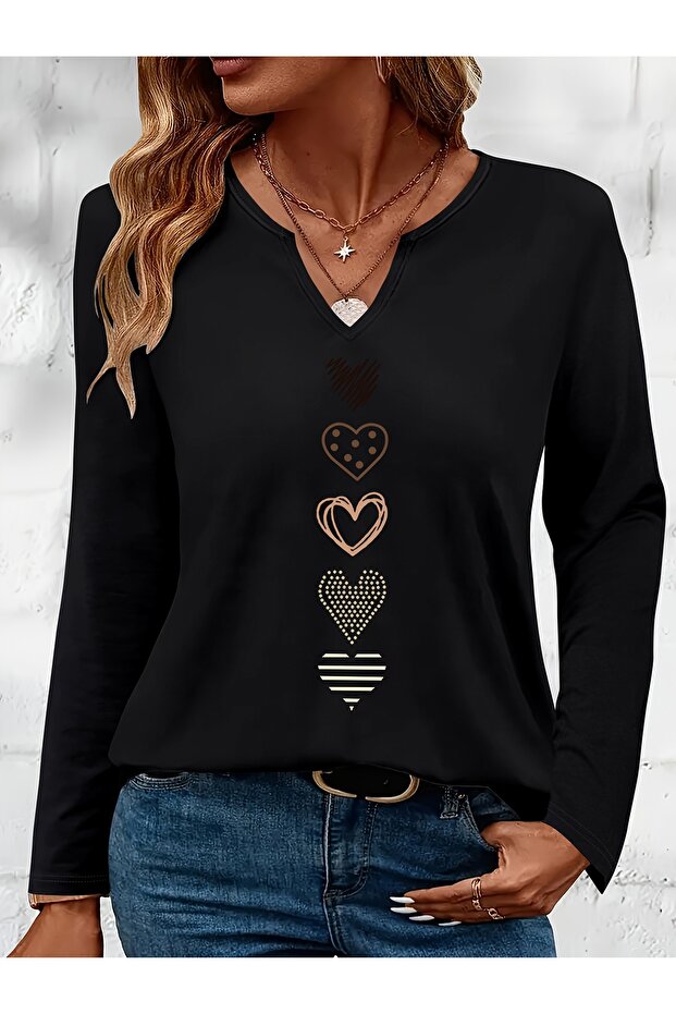Heart Printed Cotton Half V-Neck Long Sleeve Blouse T-Shirt