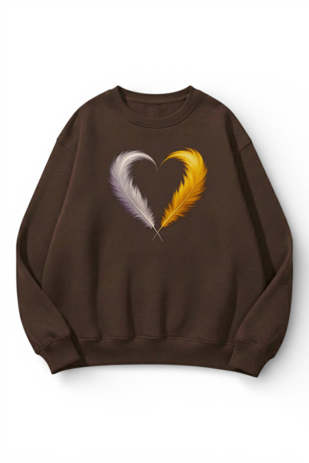 Unisex Soft Textured Feather Heart Printed Design Oversize 3 Thread Crew Neck Sweatshirt