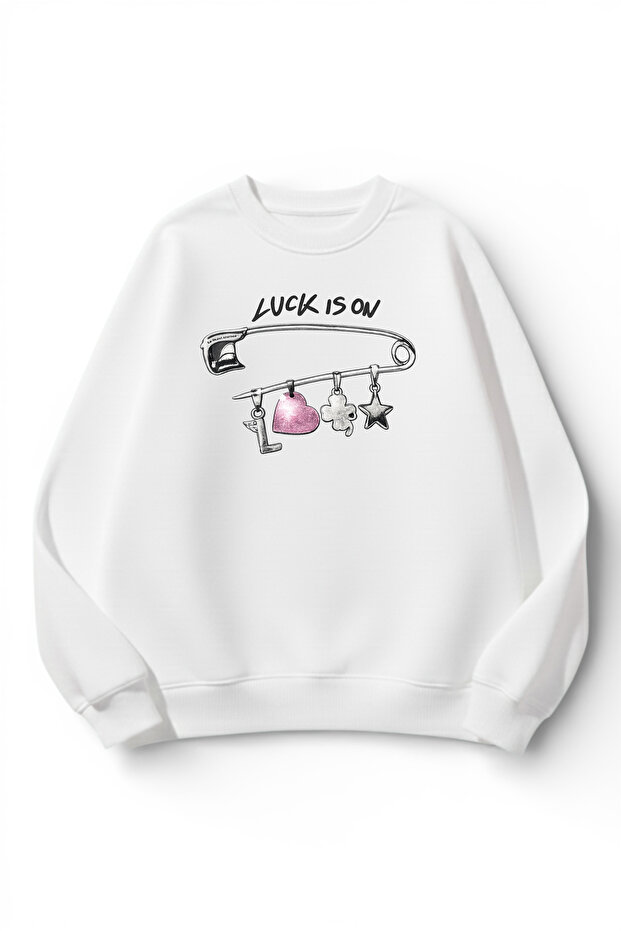 Unisex Soft Textured Luck Printed Design Oversize 3 Thread Crew Neck Sweatshirt