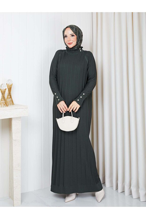 Pleated Sleeves Buttoned Knitwear Dress Khaki
