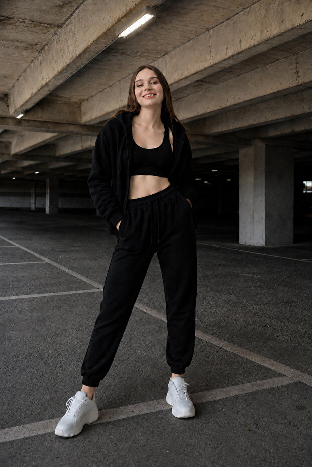Women's 3 Thread Compact Combed Cotton Hooded Zipper Sweatshirt & Jogger Sweatpants Set