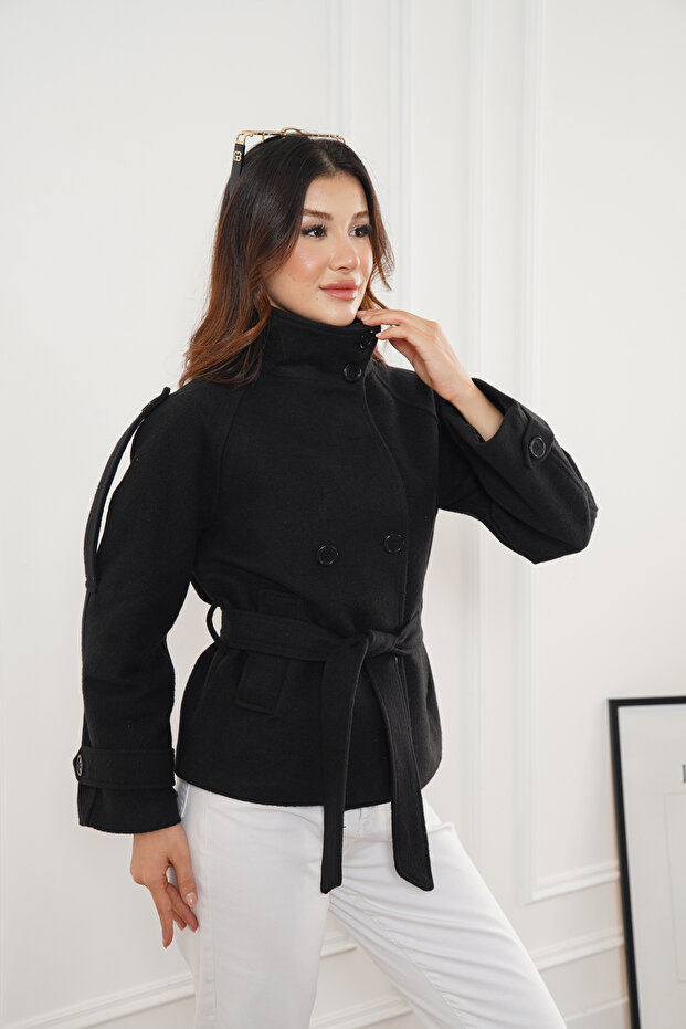 High Collar Short Lined Cashmere Coat