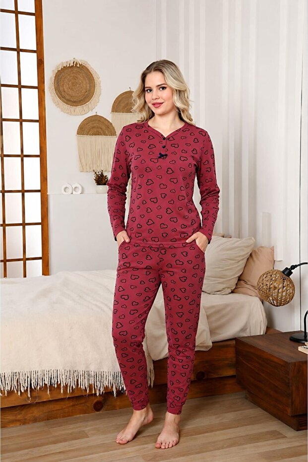 Mooda Buttoned V-Neck Cotton Lycra Combed Cotton 95% Cotton 5% Lycra Women's Pajama Set